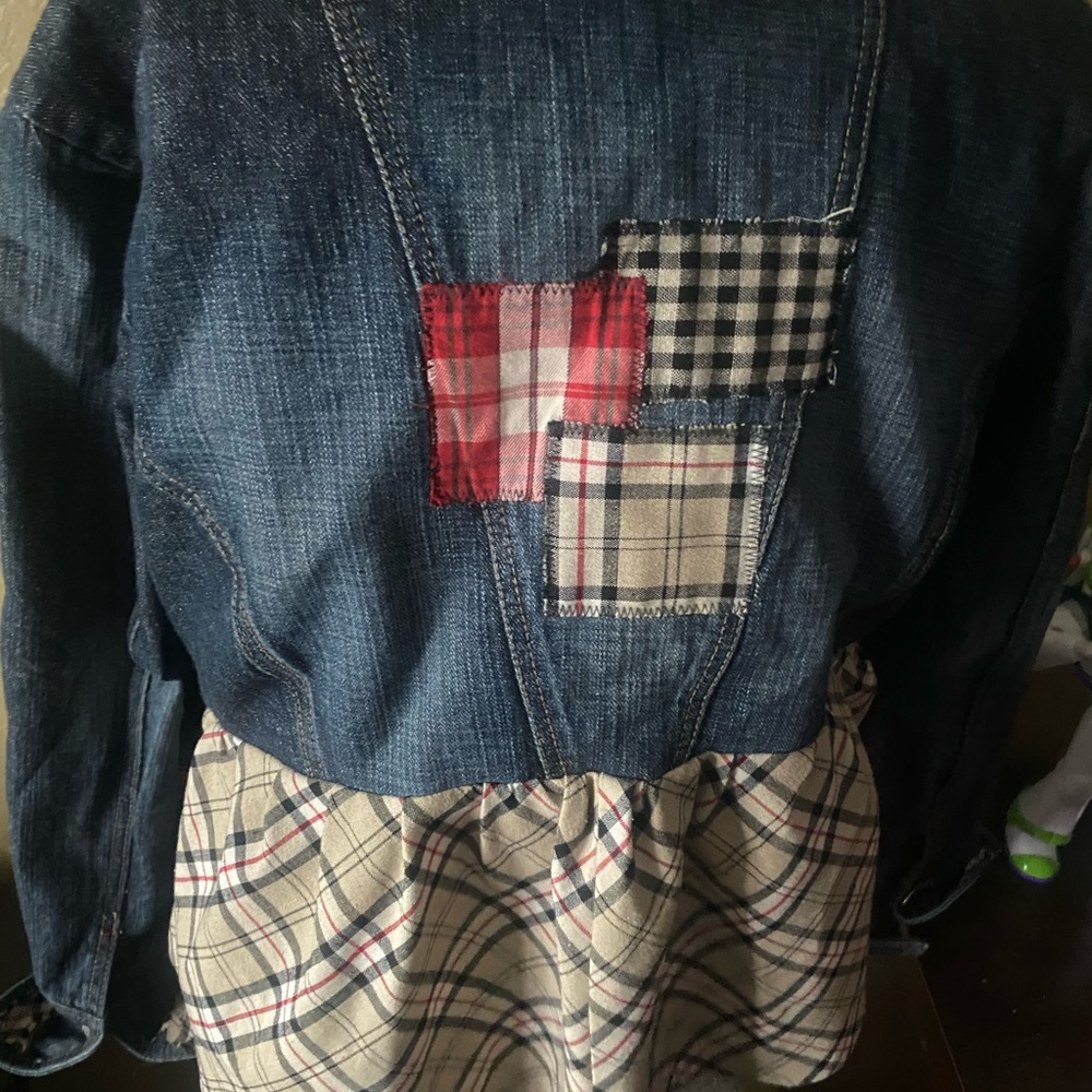 Women's Patchwork Jean Jacket with Plaid Accents - image 3